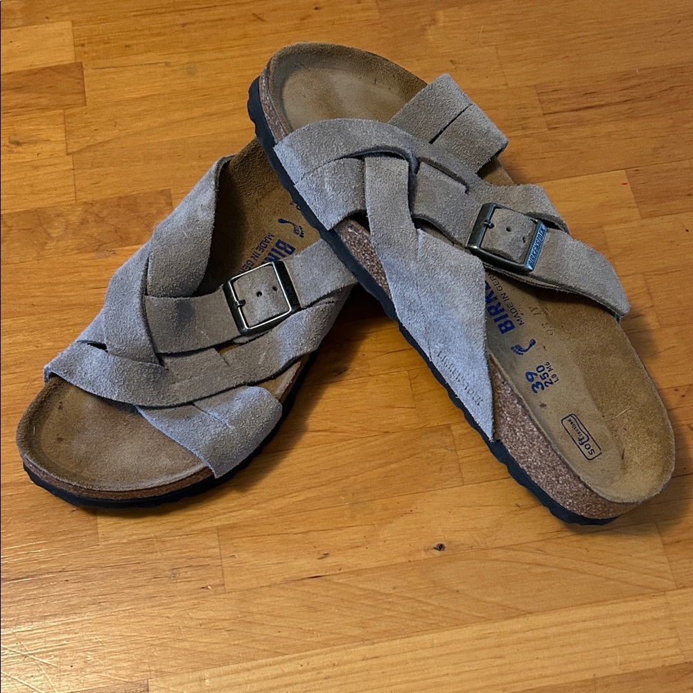 Birkenstock Gray (Clay) Suede Slip-On Sandal (Lugano). Soft Bed.
